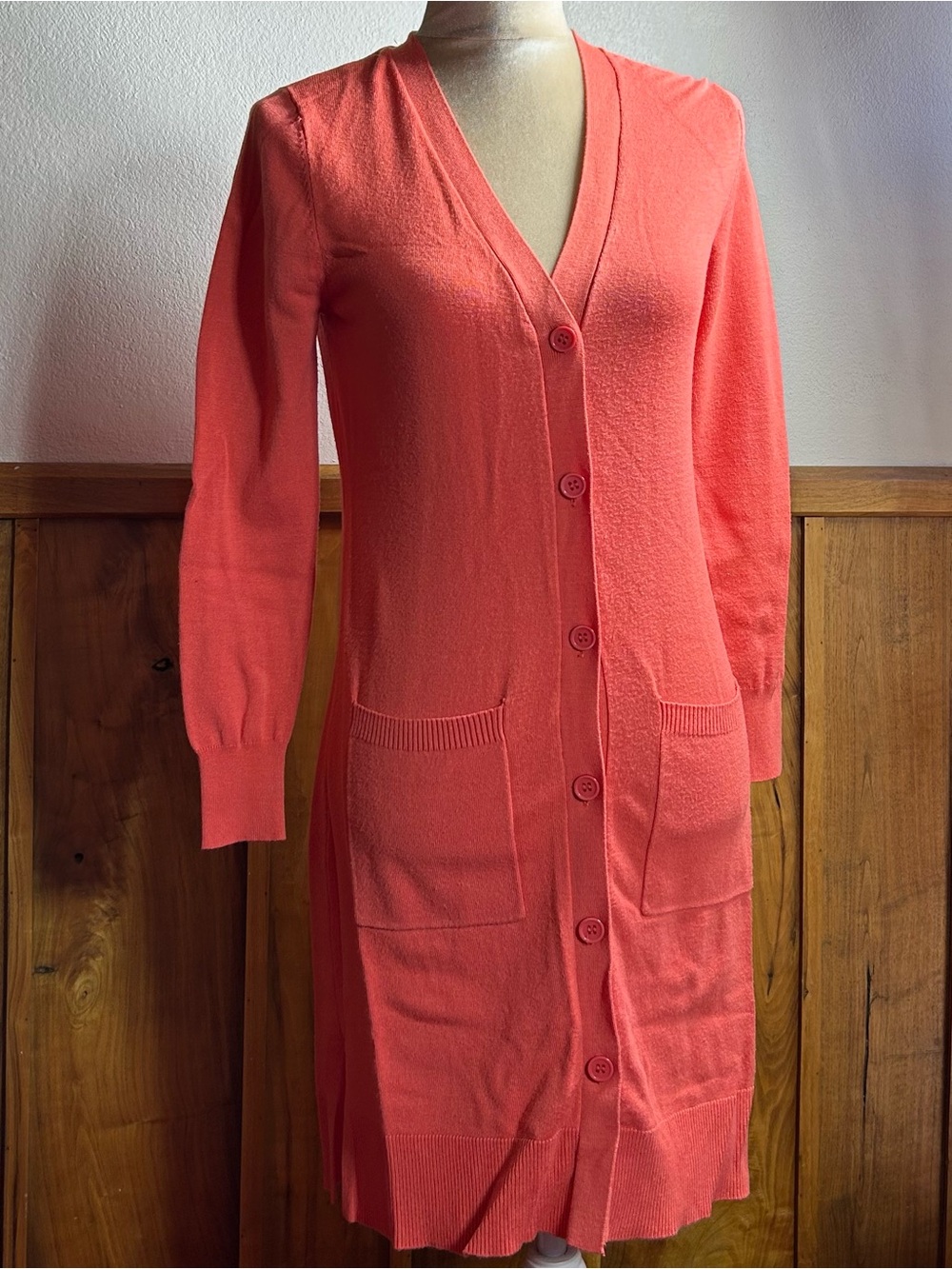 Cielo Coral Knit Long Cardigan with Pockets